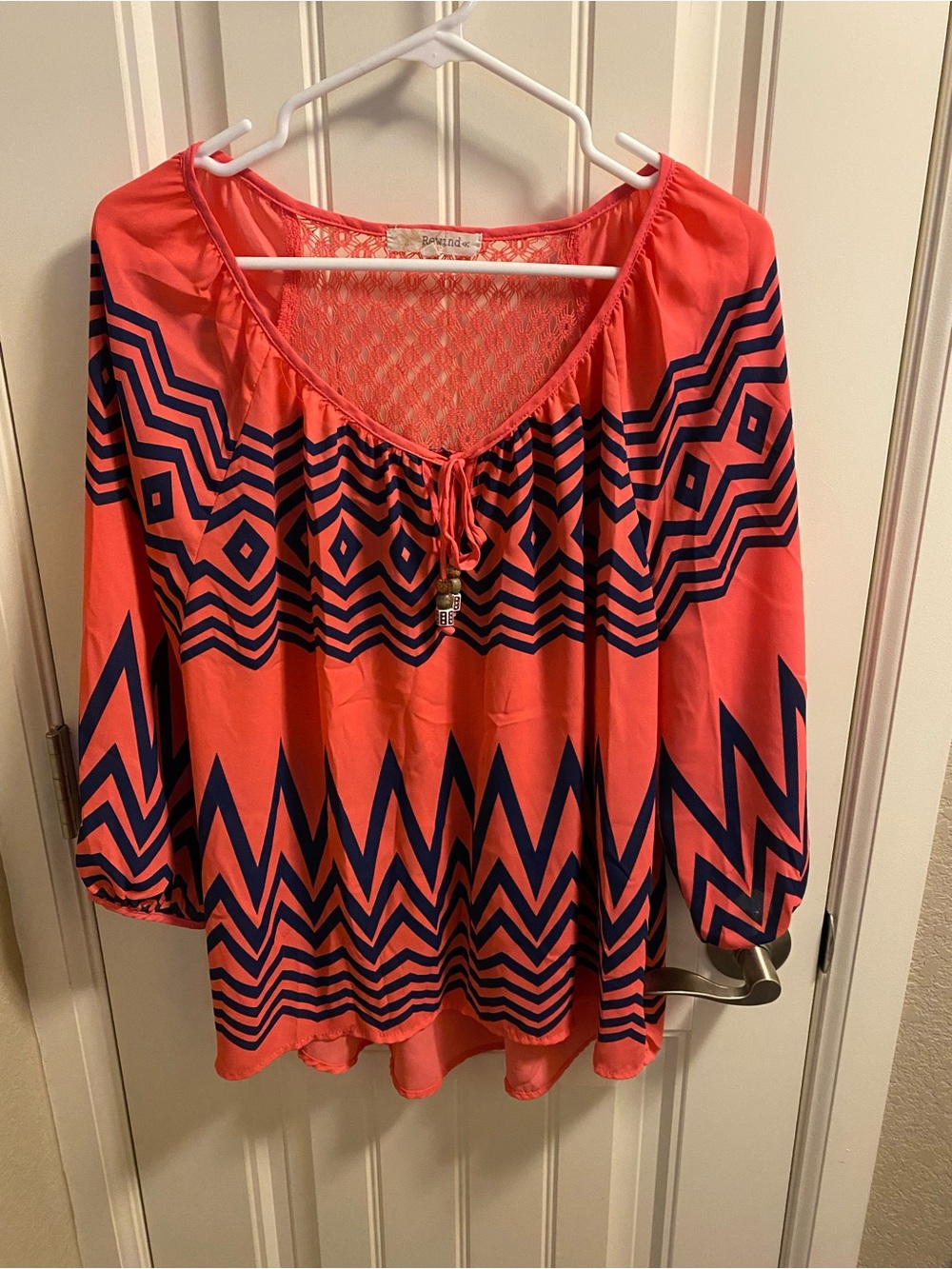 Rewind XL Top Colorful Tie Neck Blouse Lace Back Shirt Boho